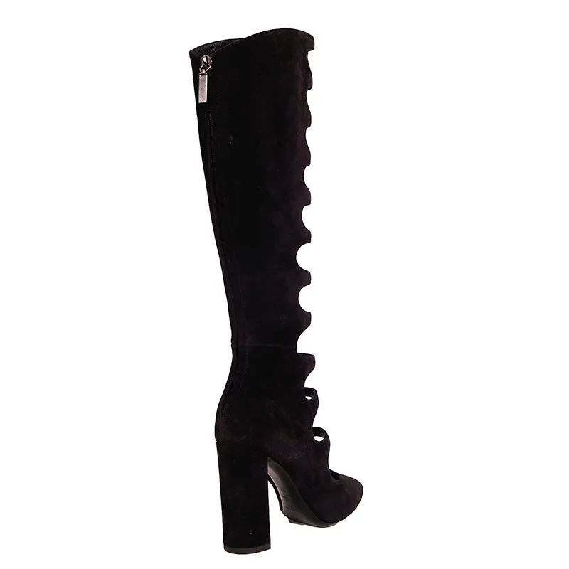 37 & 38 NEW $1,995 SAINT LAURENT Black Suede Caged Cut-out Knee Joplin 105 KNEE BOOTS