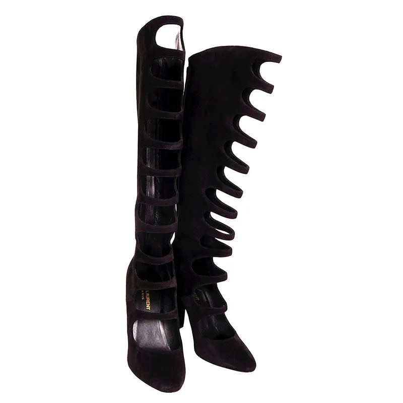 37 & 38 NEW $1,995 SAINT LAURENT Black Suede Caged Cut-out Knee Joplin 105 KNEE BOOTS