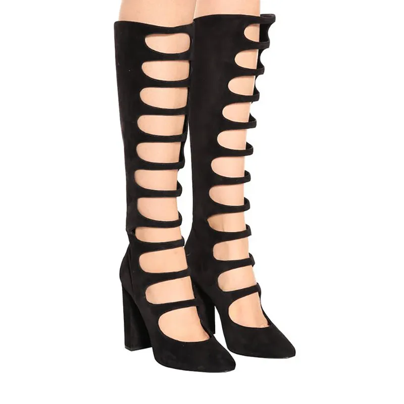 37 & 38 NEW $1,995 SAINT LAURENT Black Suede Caged Cut-out Knee Joplin 105 KNEE BOOTS