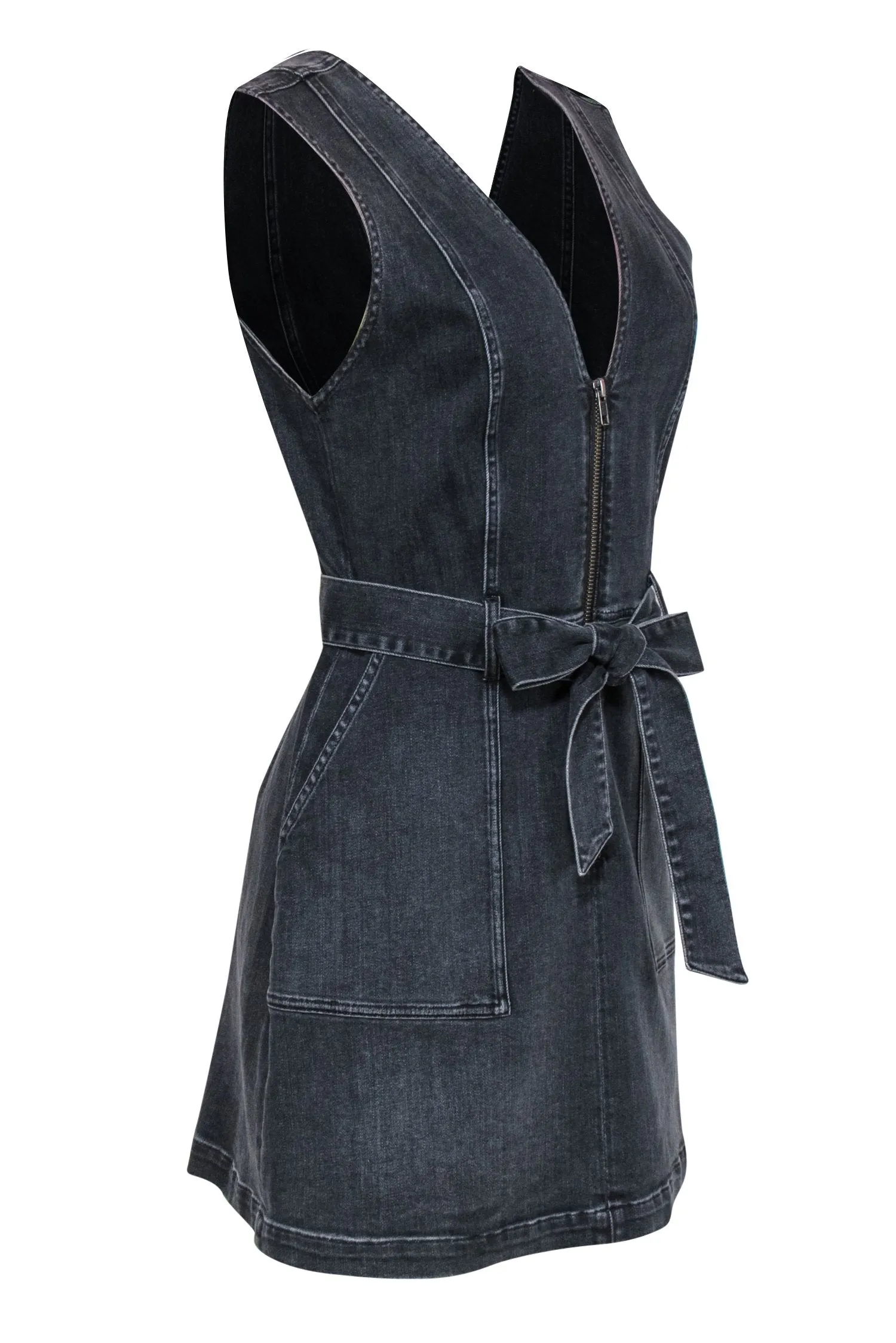 Alice & Olivia - Black Denim Sleeveless Zip-Up Belted Sheath Dress Sz 10