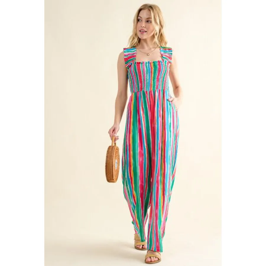 And The Why Full Size Striped Smocked Sleeveless Jumpsuit