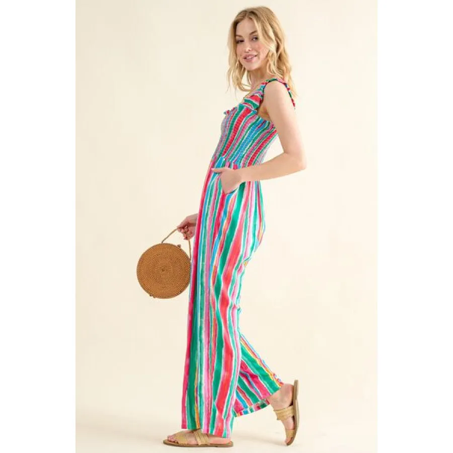 And The Why Full Size Striped Smocked Sleeveless Jumpsuit