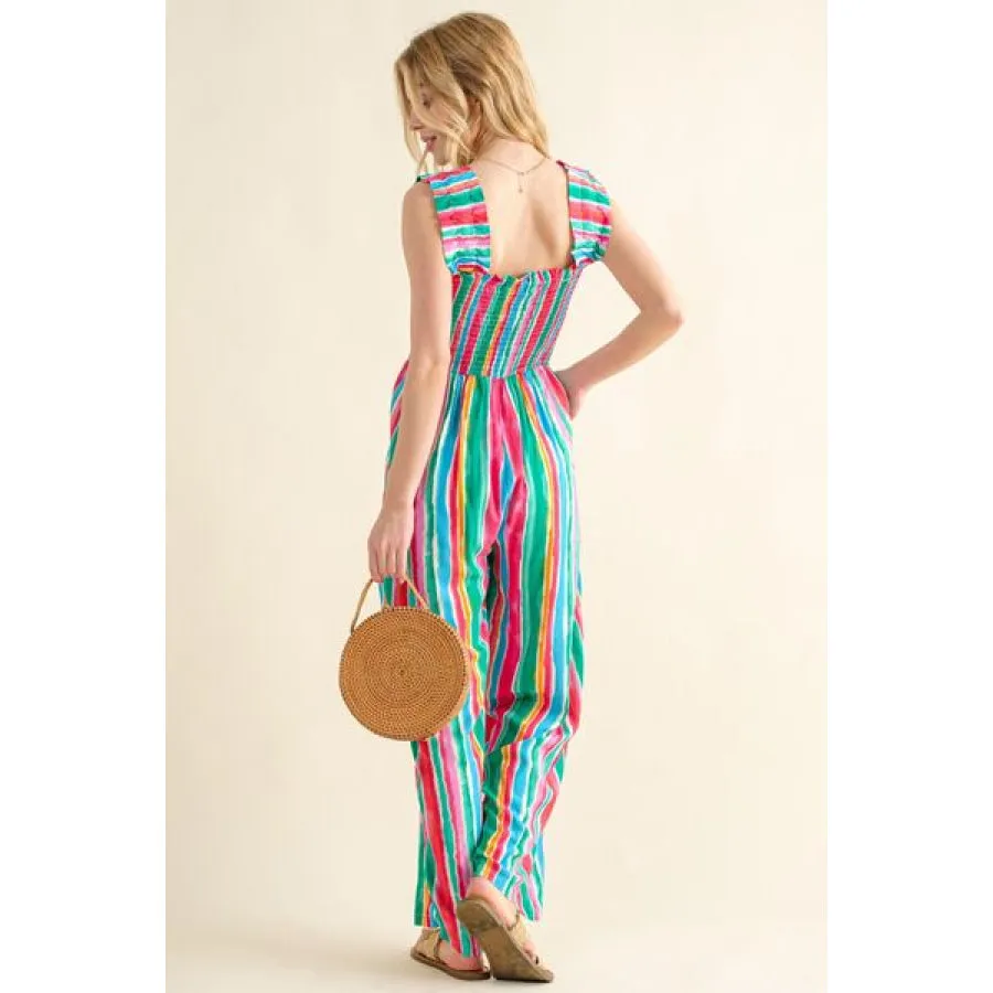 And The Why Full Size Striped Smocked Sleeveless Jumpsuit