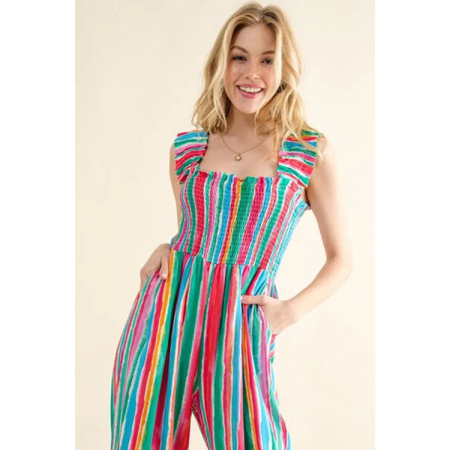 And The Why Full Size Striped Smocked Sleeveless Jumpsuit