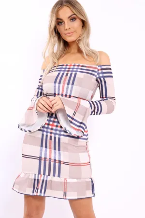 Beige Check Bardot Frill Dress - Eleonor