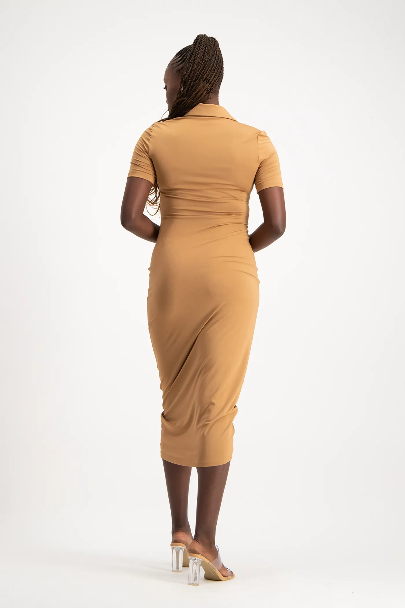 Bella Short Sleeve Ruched Midi Dress - Toasted Coconut