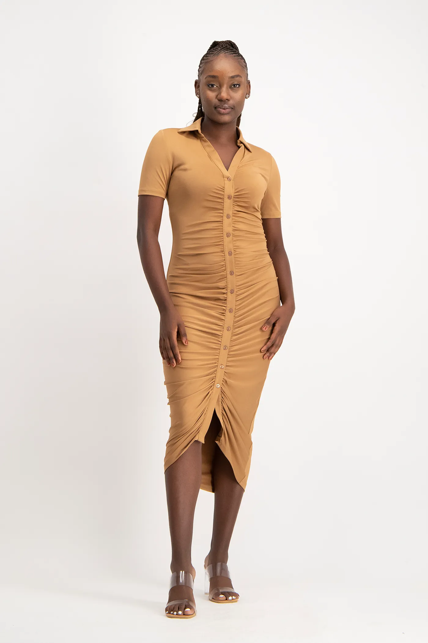 Bella Short Sleeve Ruched Midi Dress - Toasted Coconut