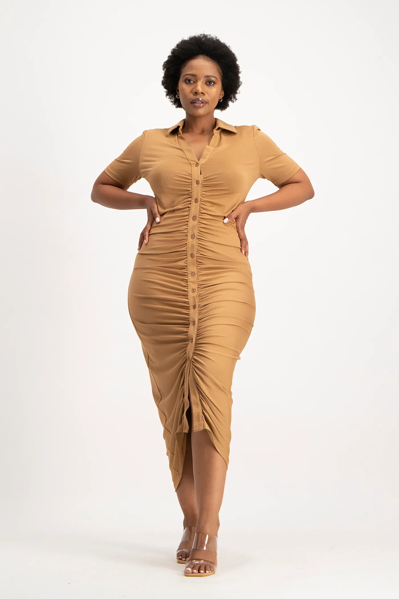 Bella Short Sleeve Ruched Midi Dress - Toasted Coconut