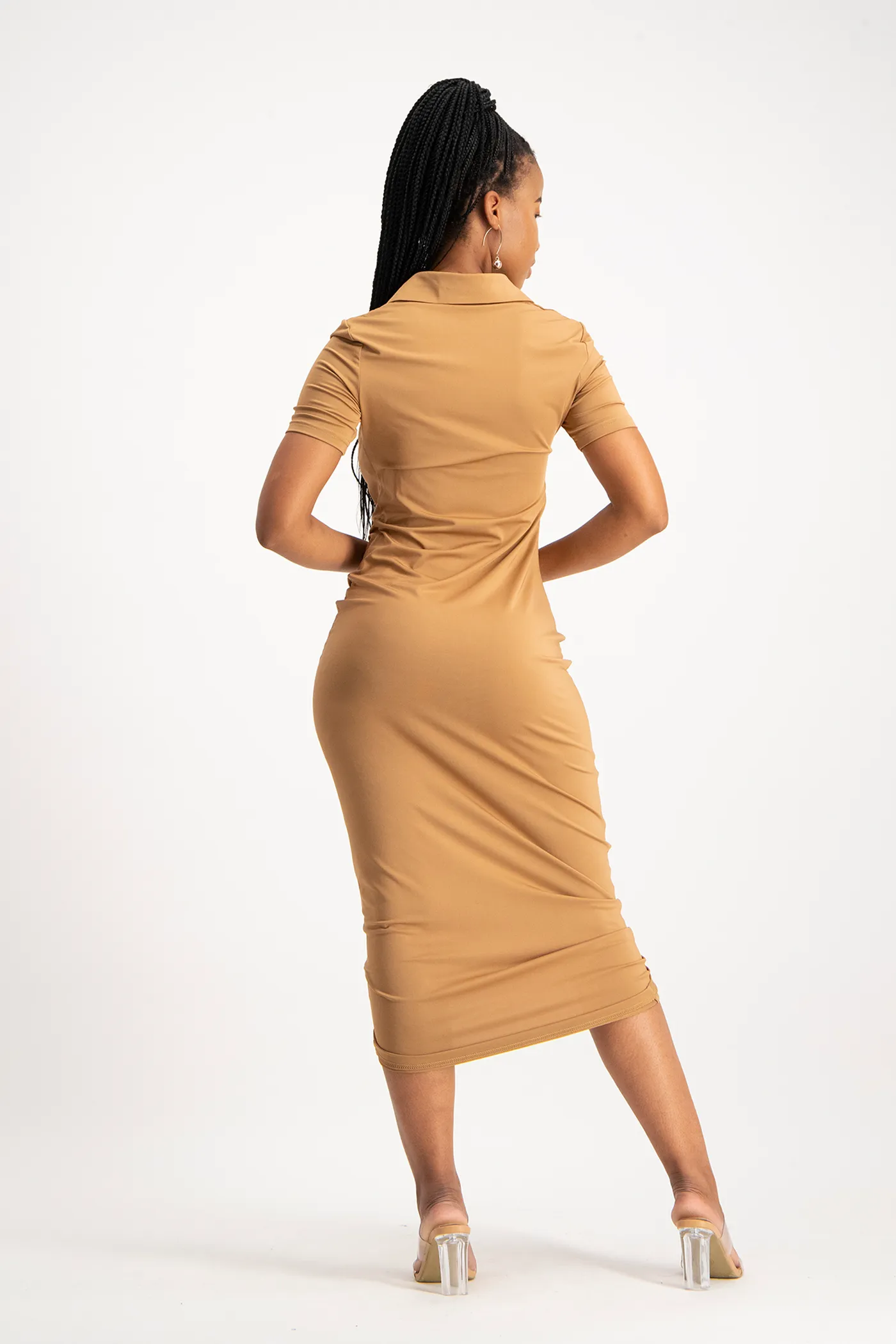 Bella Short Sleeve Ruched Midi Dress - Toasted Coconut