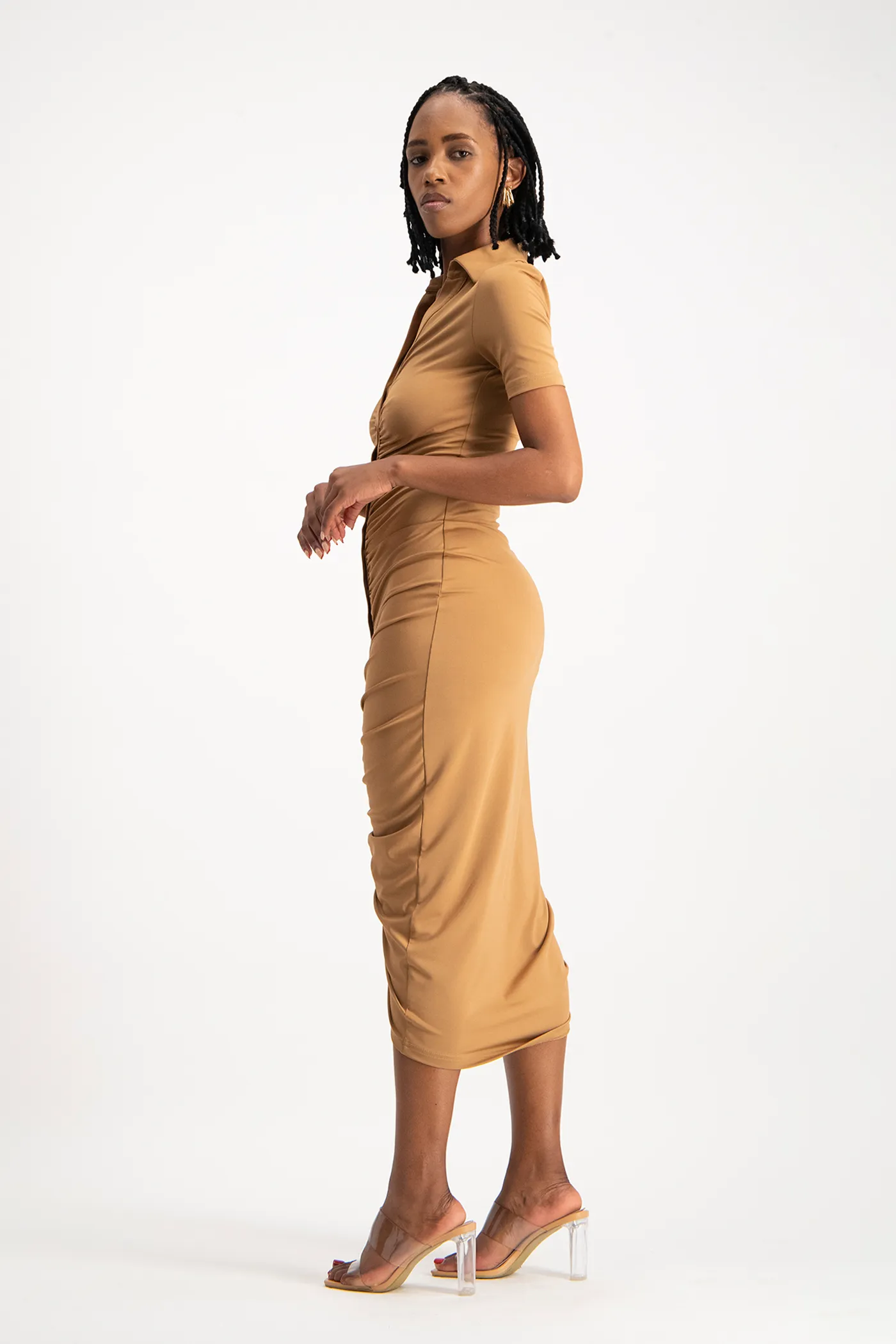 Bella Short Sleeve Ruched Midi Dress - Toasted Coconut