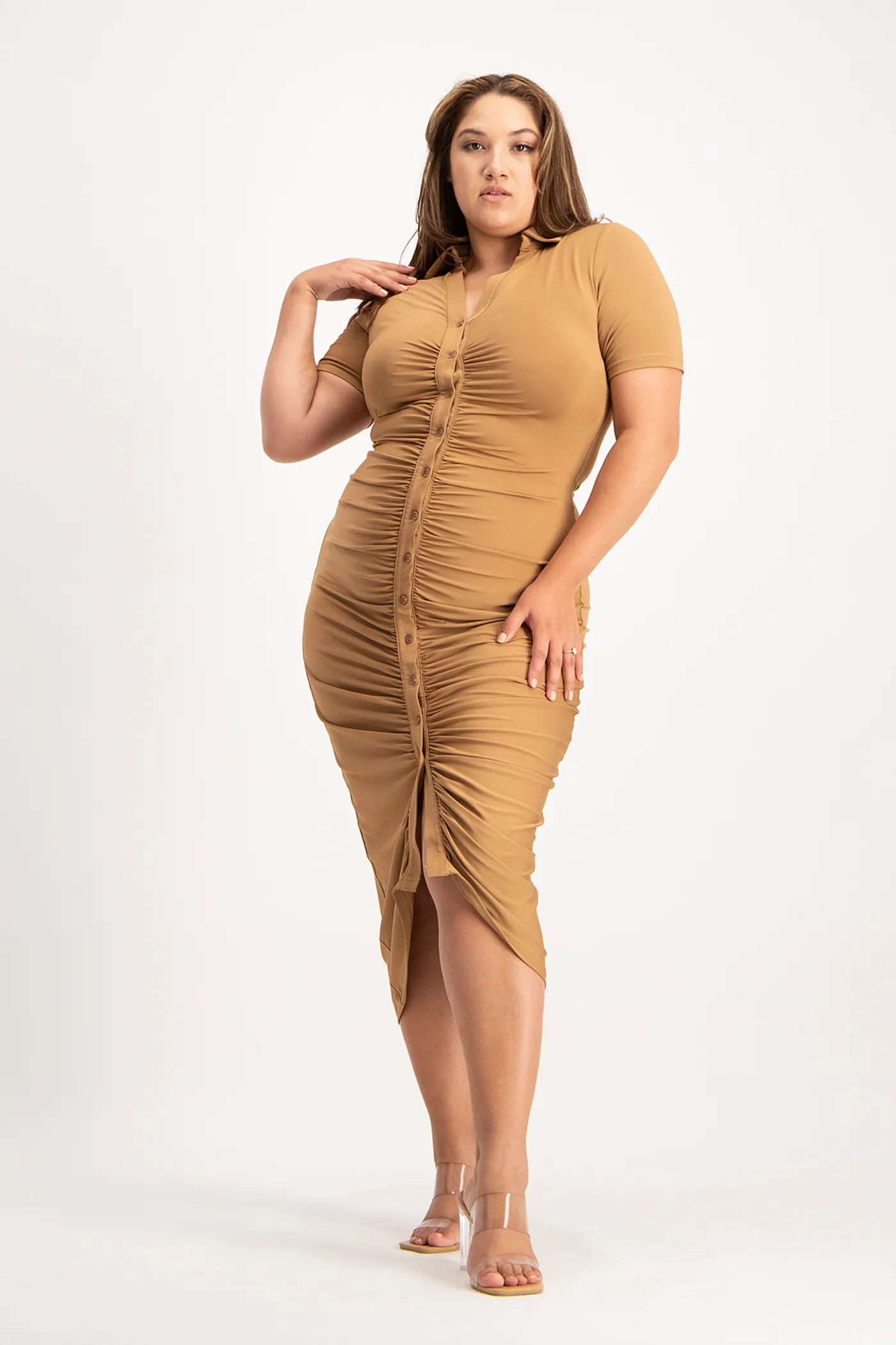 Bella Short Sleeve Ruched Midi Dress - Toasted Coconut