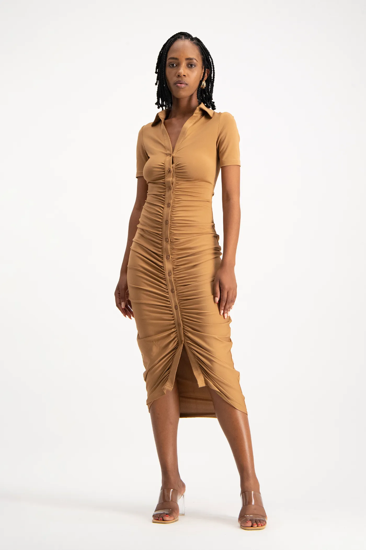 Bella Short Sleeve Ruched Midi Dress - Toasted Coconut