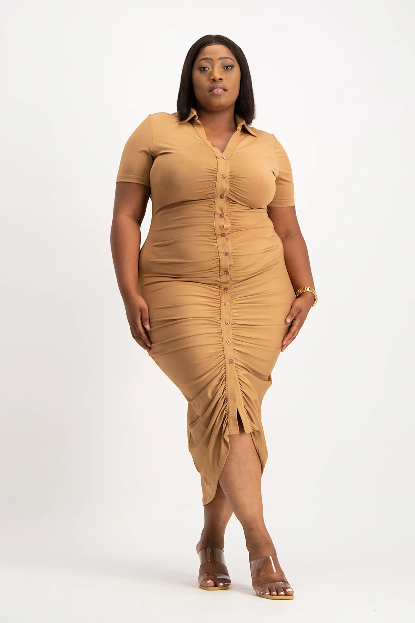 Bella Short Sleeve Ruched Midi Dress - Toasted Coconut