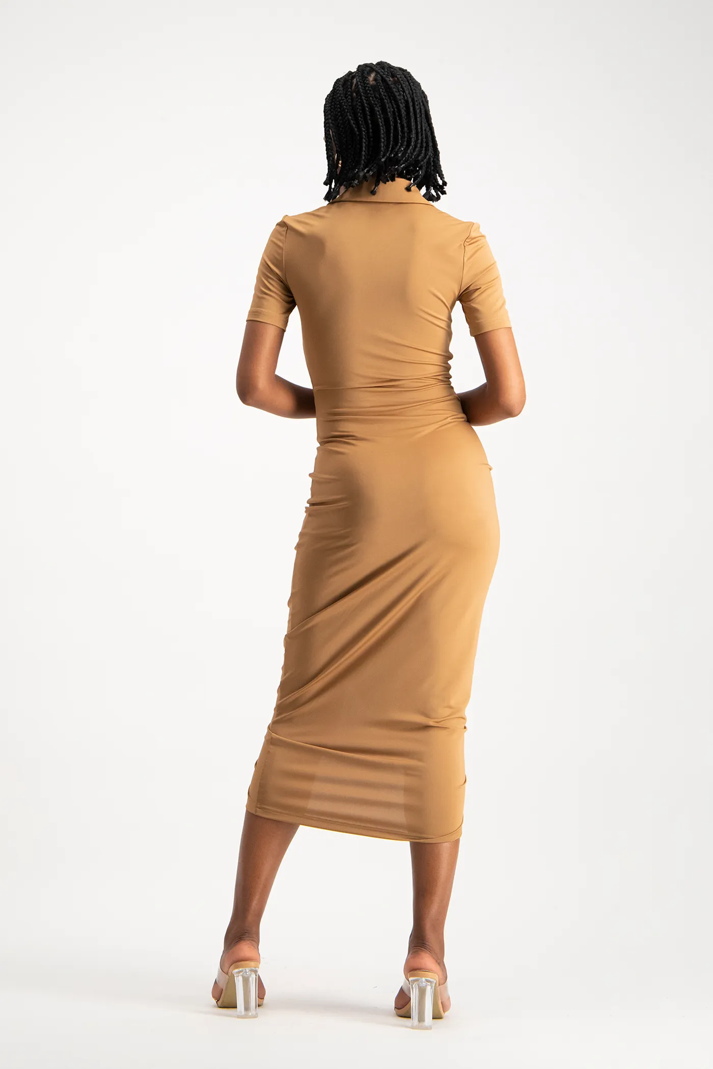 Bella Short Sleeve Ruched Midi Dress - Toasted Coconut