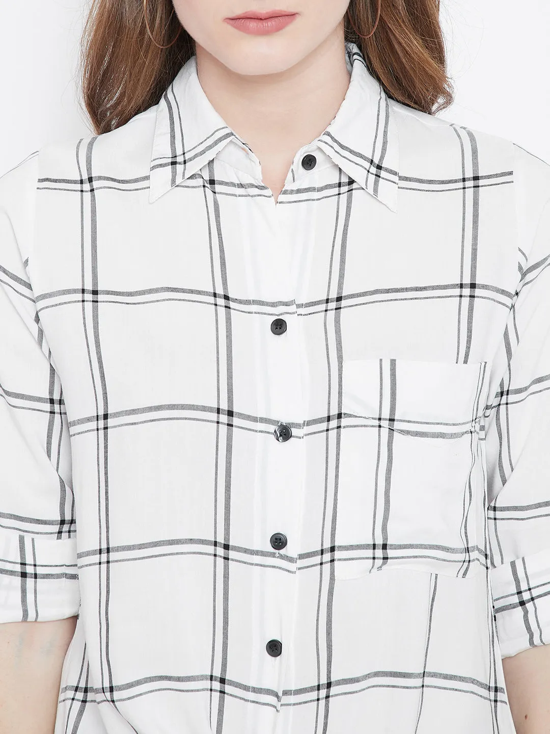 Berrylush Women White & Black Check Patterned Collar-Neck Shirt Style Top