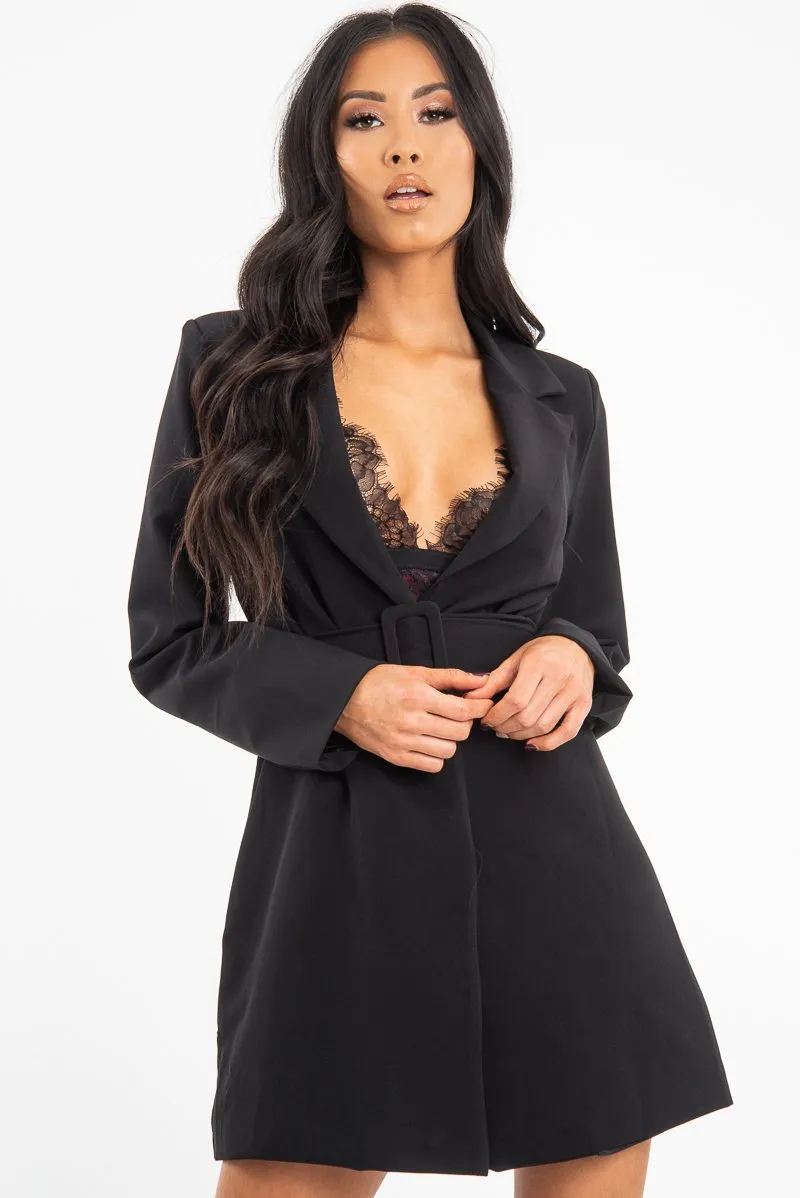 Black Belted Button Front Blazer Dress - Naomy