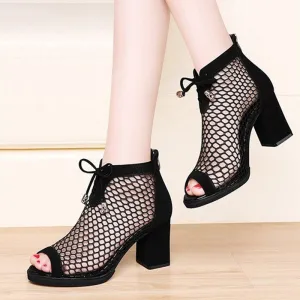 Black Mesh High Heels Zipper Sandals