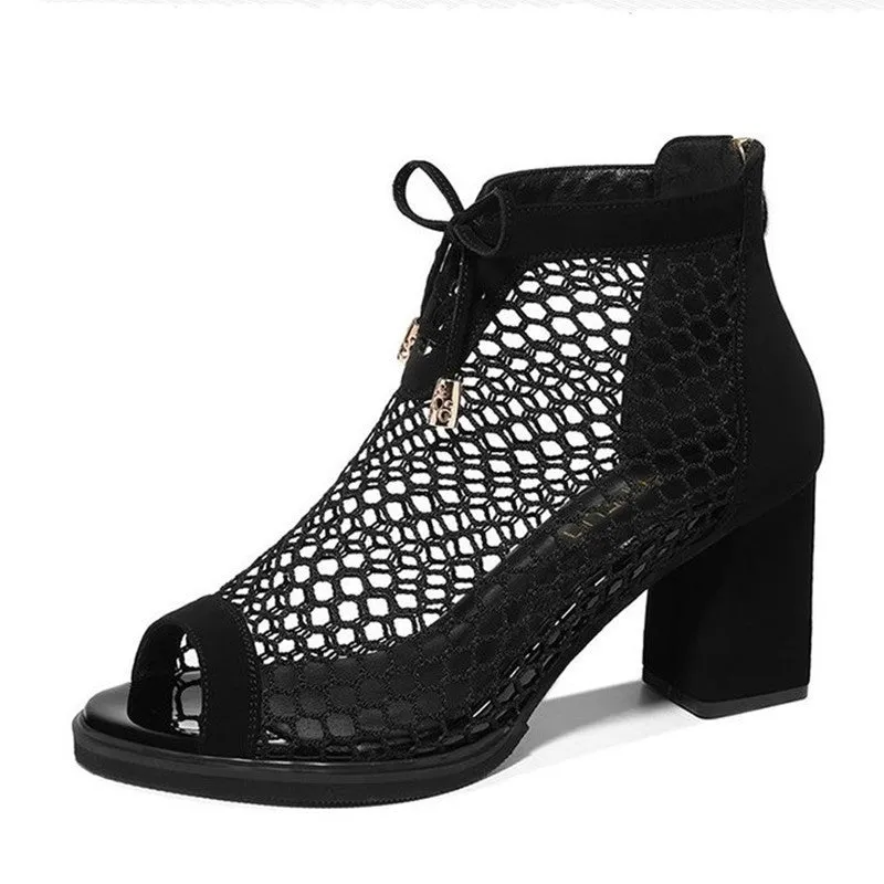 Black Mesh High Heels Zipper Sandals