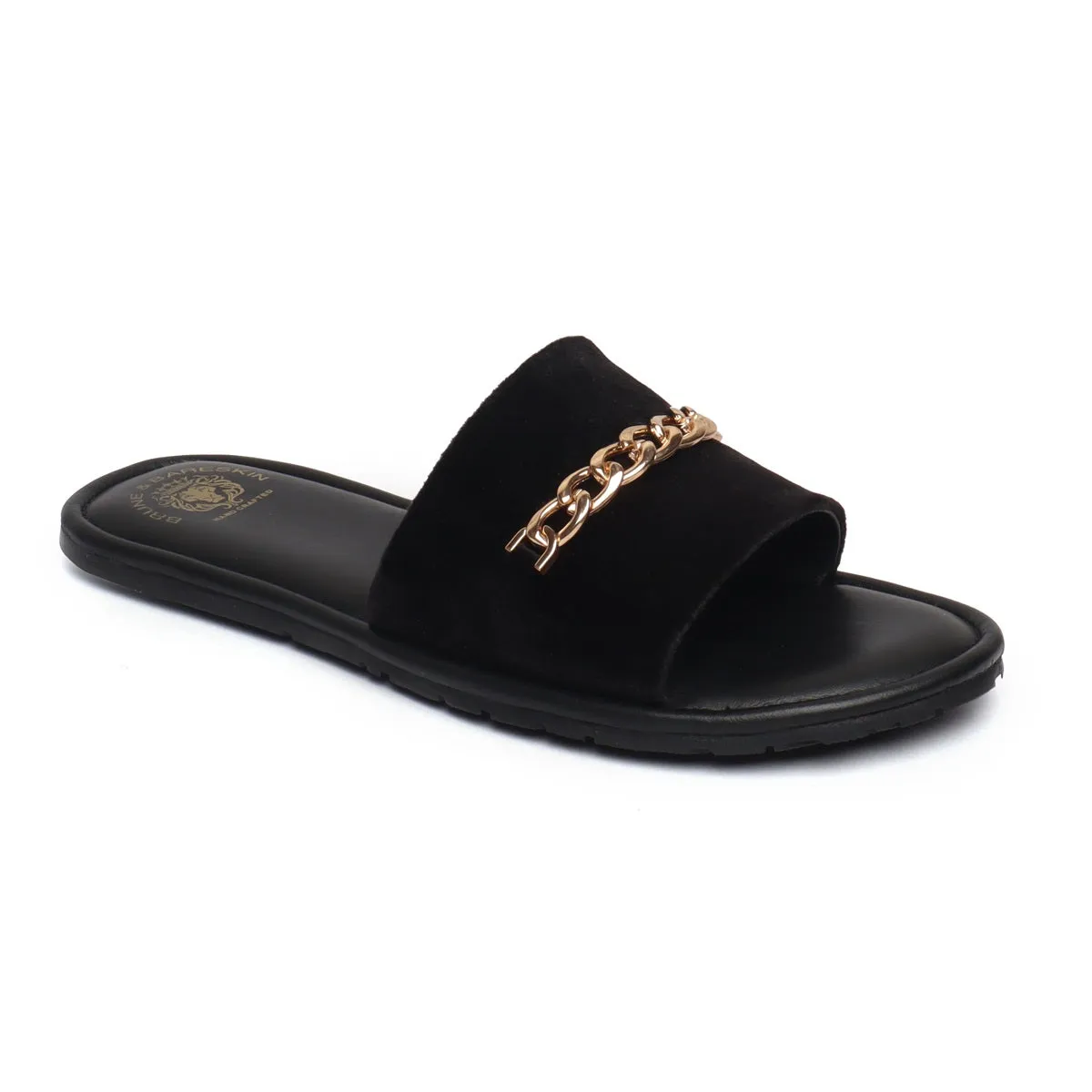 Black Velvet Chain Slide-In-Slippers by Brune & Bareskin