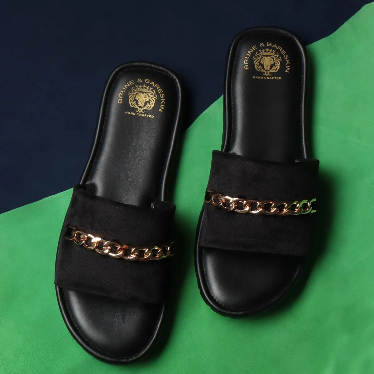 Black Velvet Chain Slide-In-Slippers by Brune & Bareskin