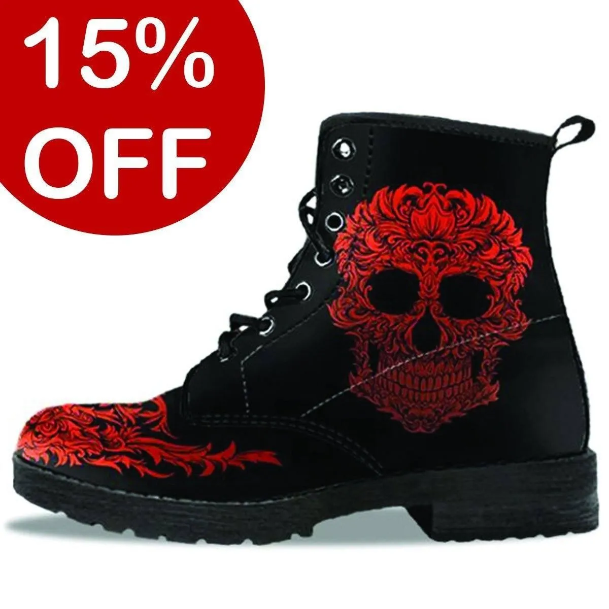 Bloody Skull Boots, Vegan-Friendly Leather, Black/Red