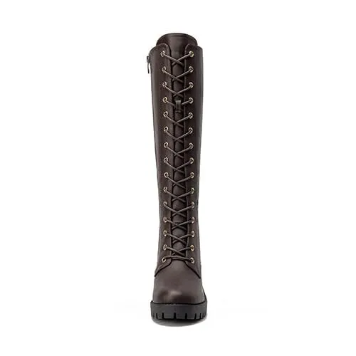 Brown Pu Chunky Lace Up Knee High Boots