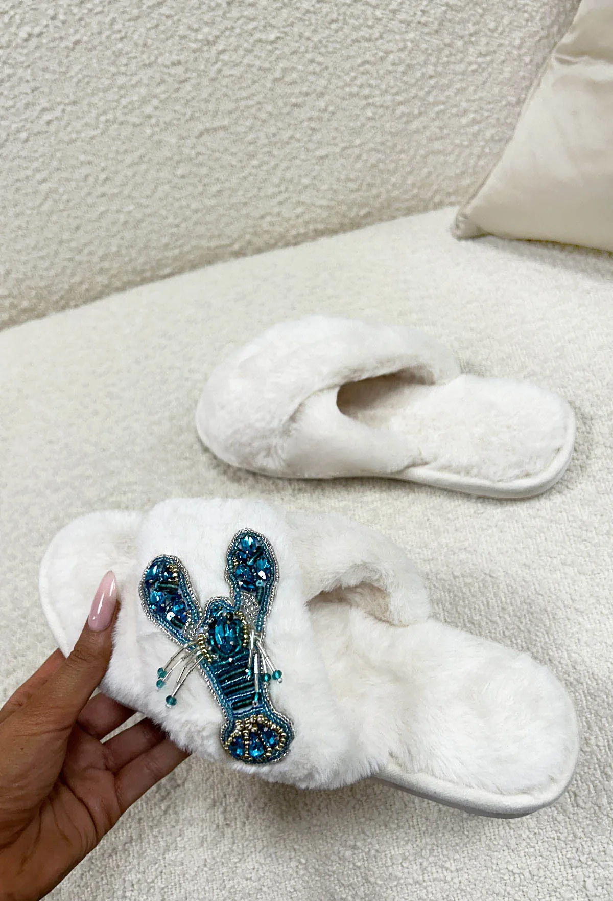 Celestia Cream Lobster Embellished Slippers