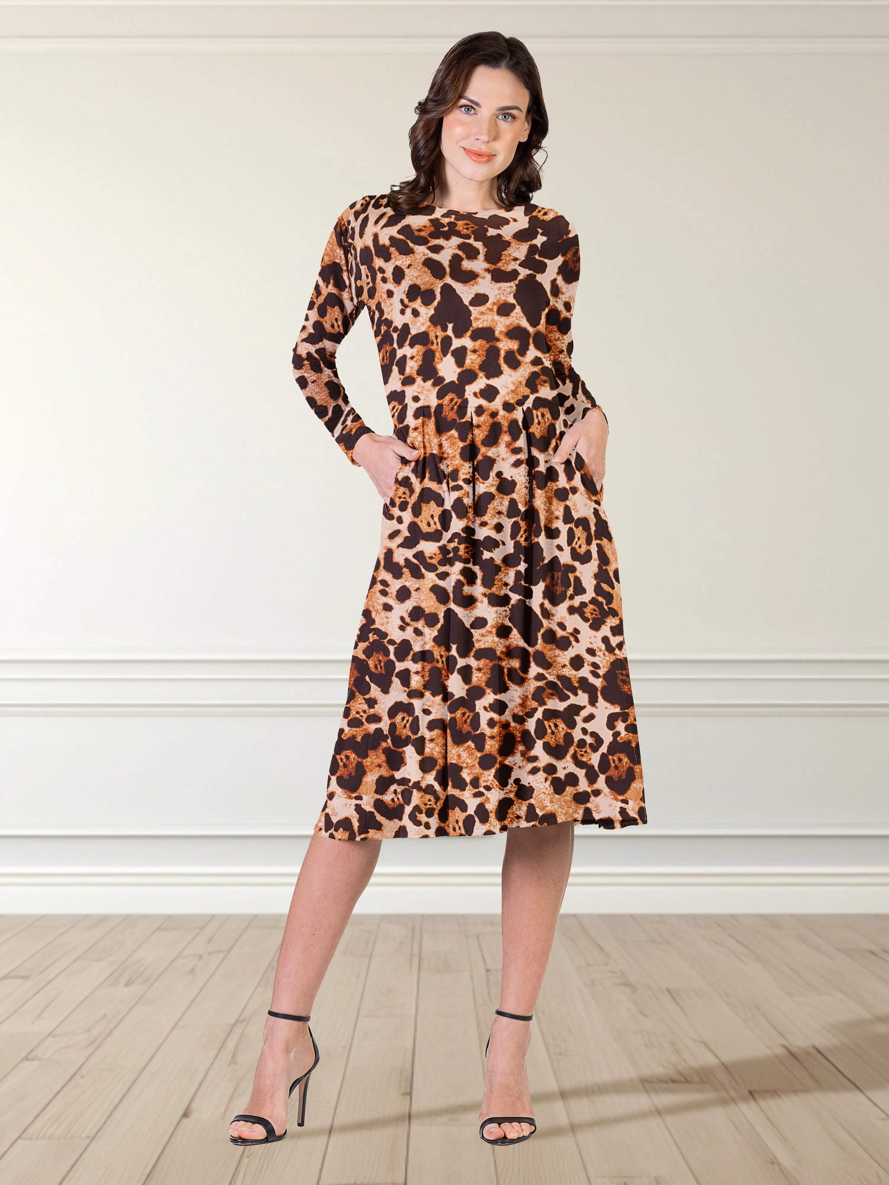 Cheetah Print Long Sleeve Pleated Midi Dress with Pockets