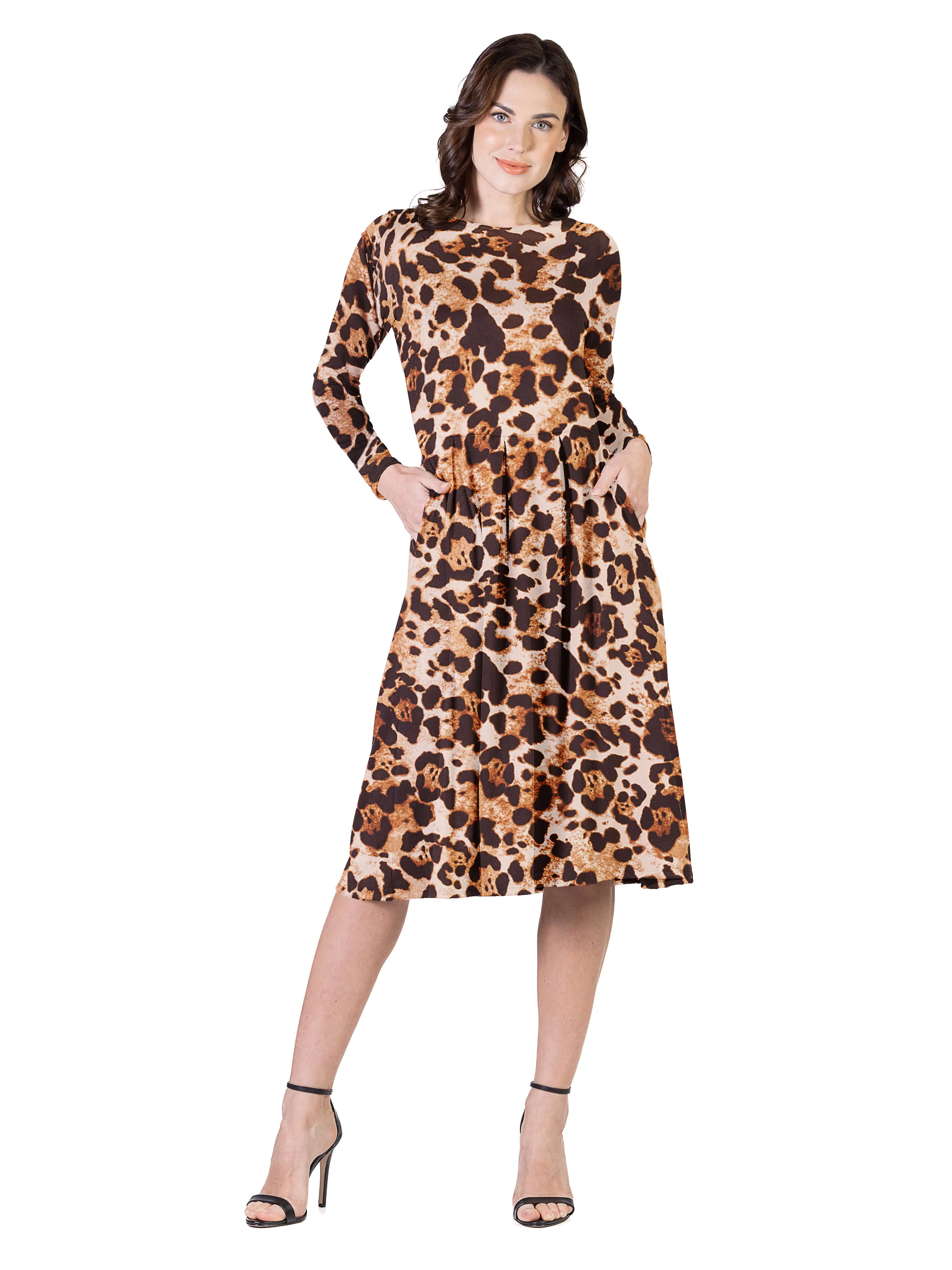 Cheetah Print Long Sleeve Pleated Midi Dress with Pockets