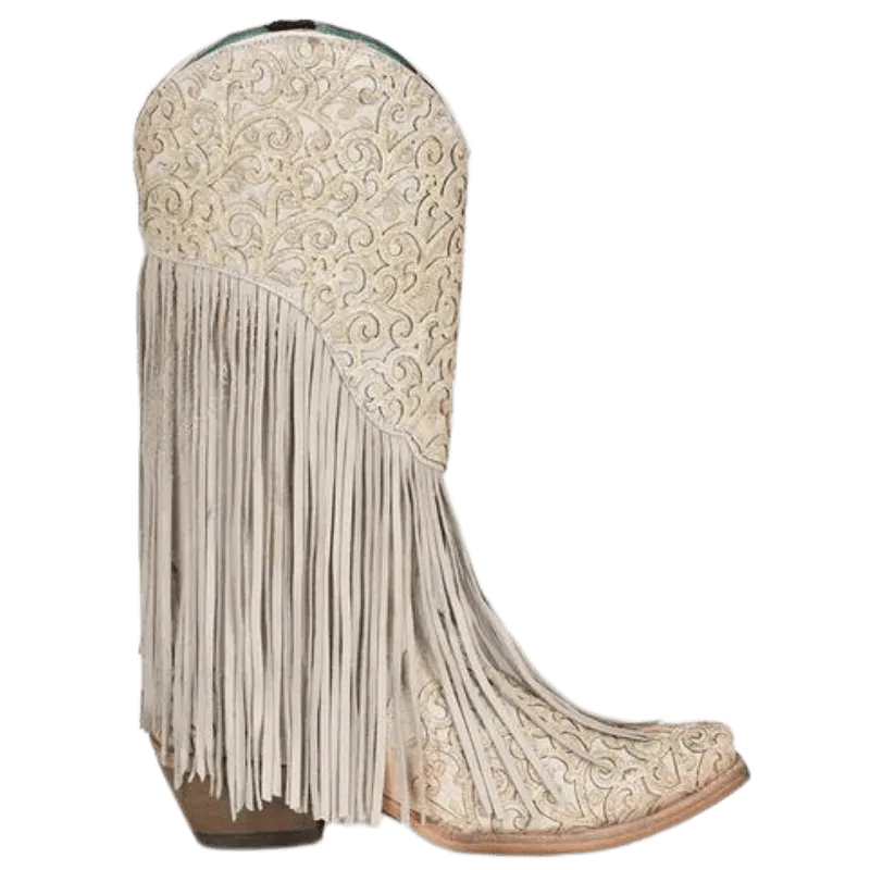 Corral Women's White Lamb Overlay & Embroidery Fringe Western Boots C3955