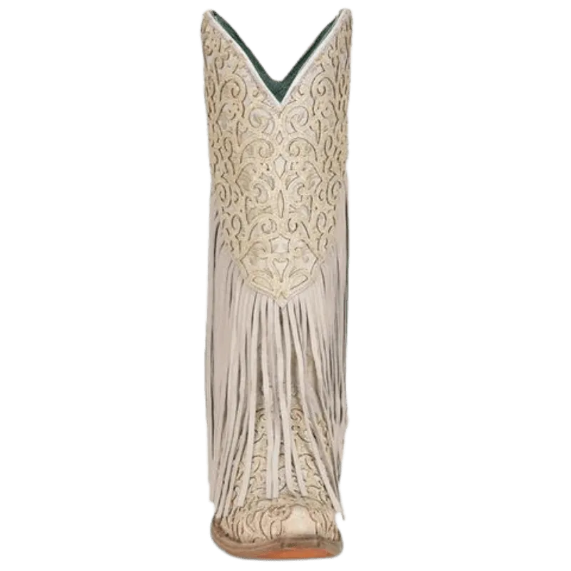 Corral Women's White Lamb Overlay & Embroidery Fringe Western Boots C3955