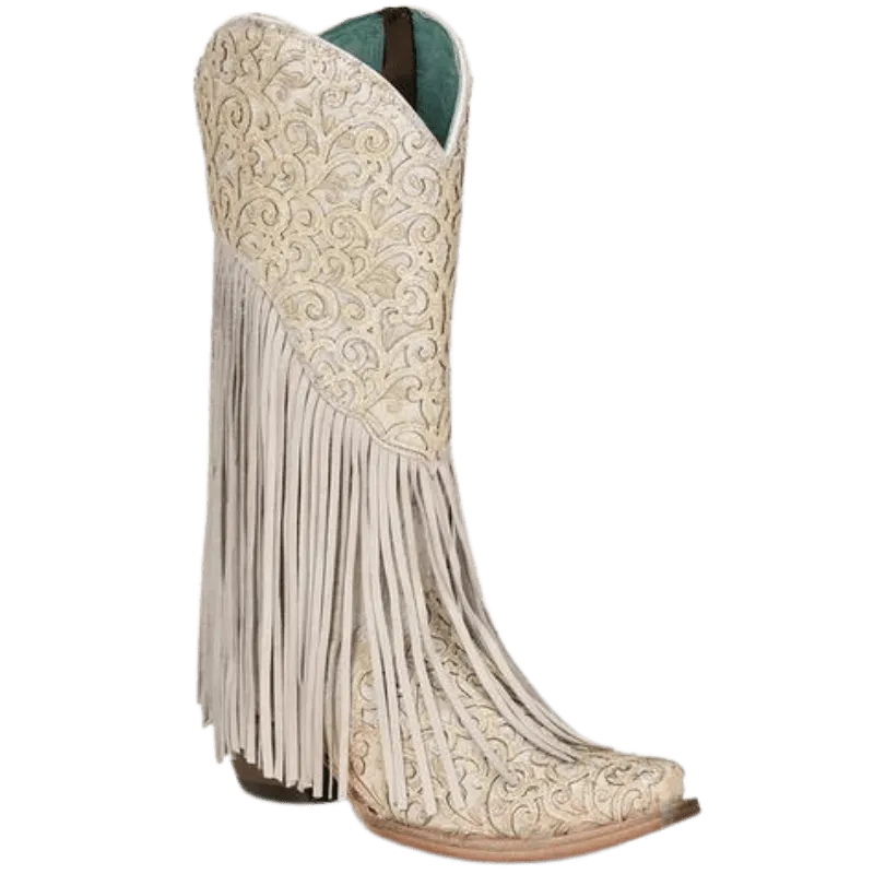 Corral Women's White Lamb Overlay & Embroidery Fringe Western Boots C3955