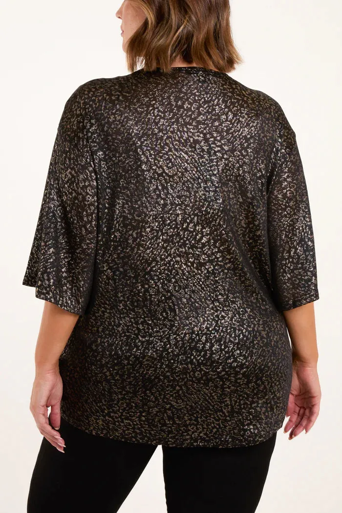 Curve Metallic Print Tie Front Top - Black & Gold