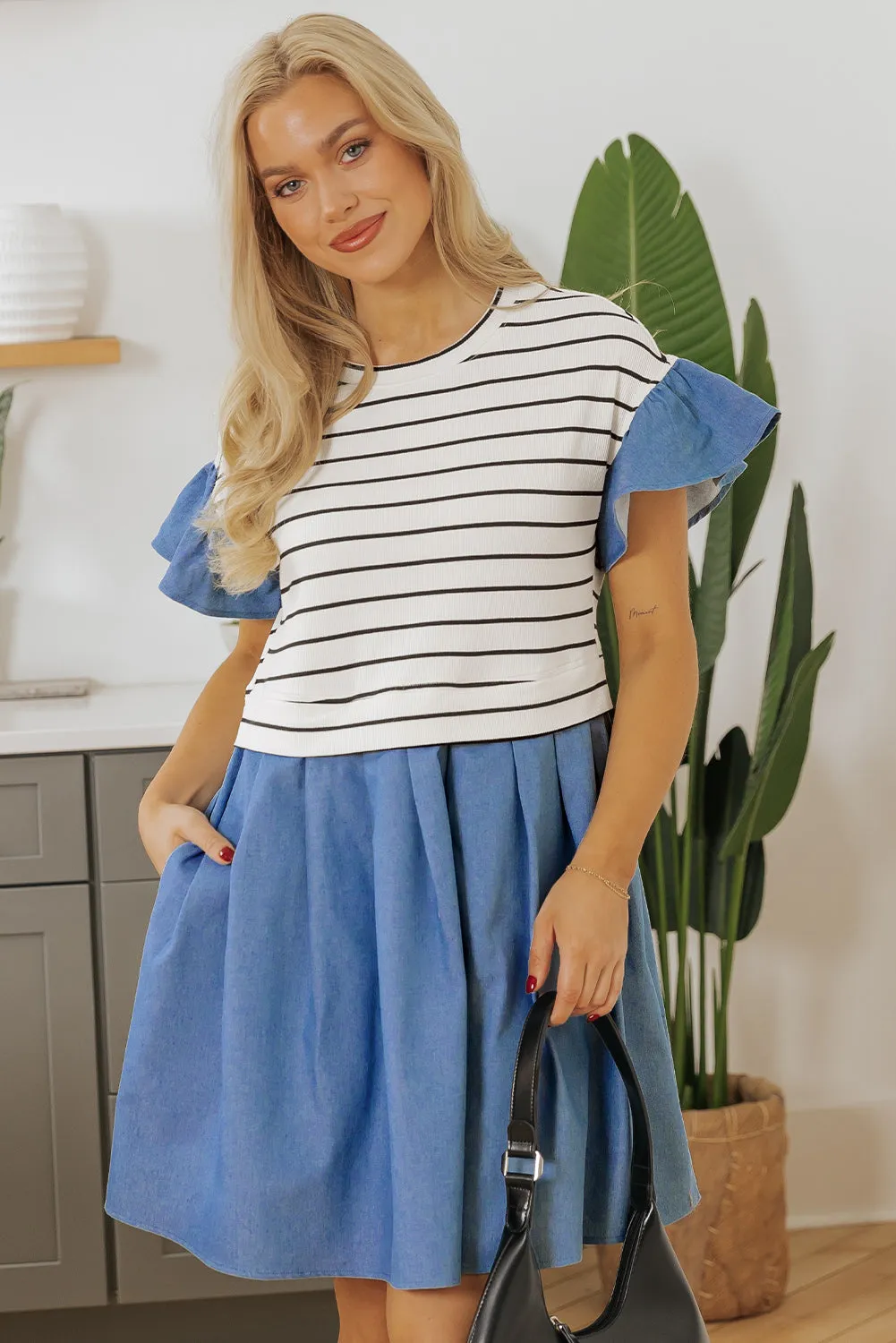 Danna Stripe Ruffle Denim Dress