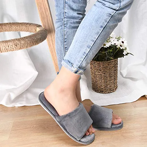 DL Open Toe Slippers for women Indoor, Cozy Memory Foam Womens House Slippers Summer Slip On, Comfy Soft Flannel Womens Bedroom Slippers Slide Breathable Size 7-8 Dark Grey