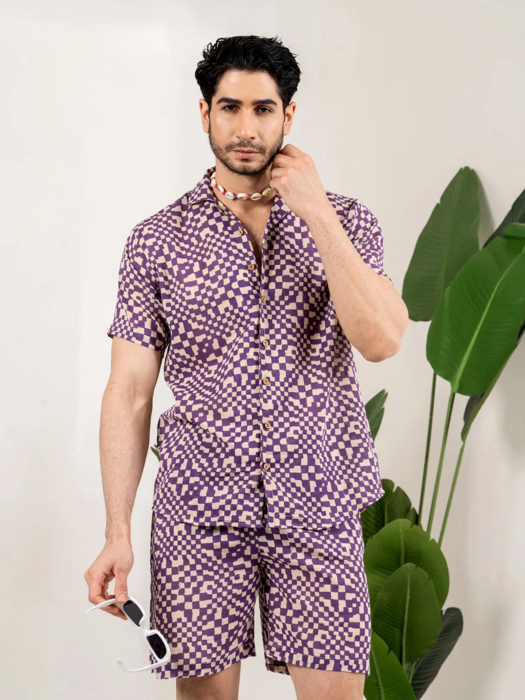 Firangi Yarn Printed Cuban Collar Purple Geomatric Printed Summer Lounge and Beach Co-ord Set For Men