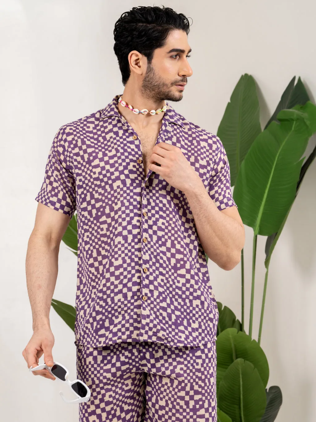 Firangi Yarn Printed Cuban Collar Purple Geomatric Printed Summer Lounge and Beach Co-ord Set For Men