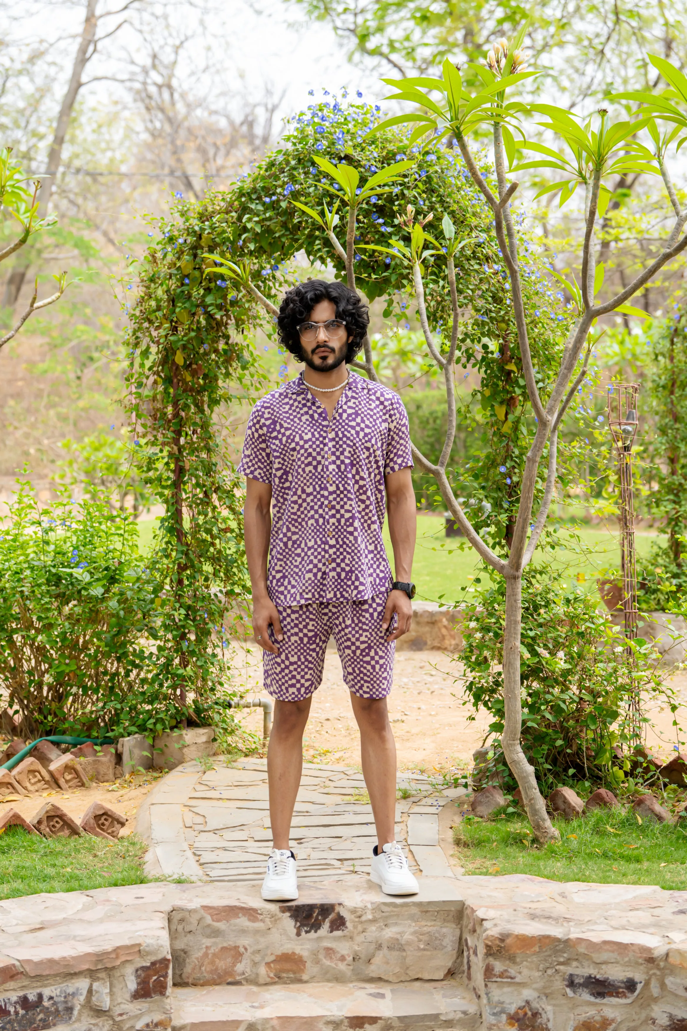 Firangi Yarn Printed Cuban Collar Purple Geomatric Printed Summer Lounge and Beach Co-ord Set For Men