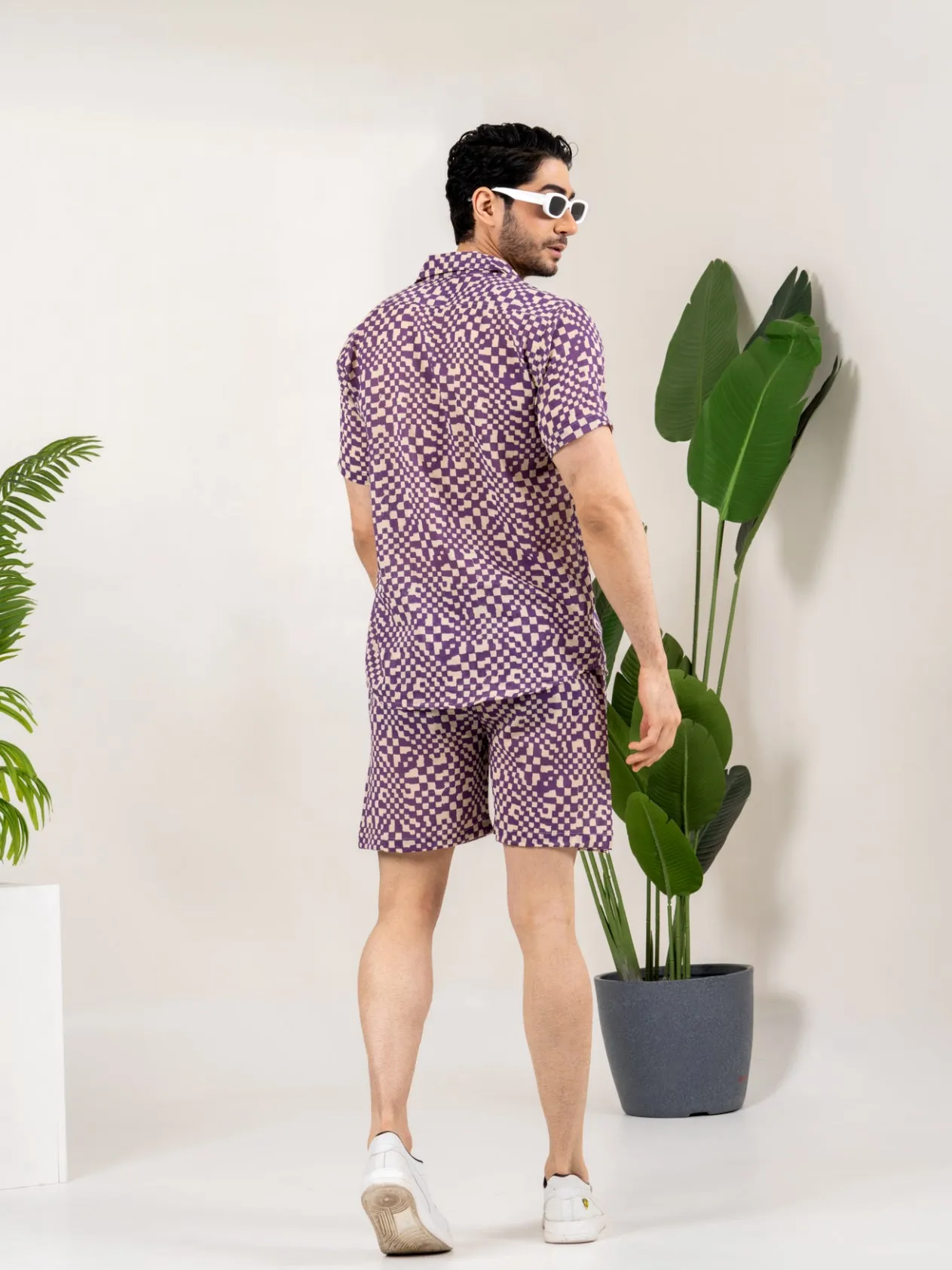 Firangi Yarn Printed Cuban Collar Purple Geomatric Printed Summer Lounge and Beach Co-ord Set For Men