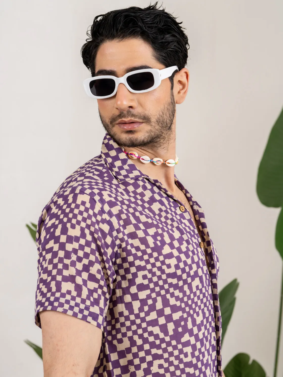 Firangi Yarn Printed Cuban Collar Purple Geomatric Printed Summer Lounge and Beach Co-ord Set For Men