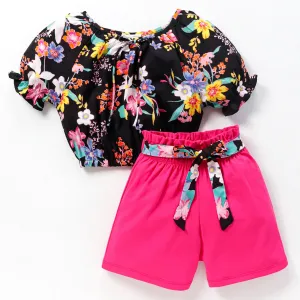 Floral Off Shoulder Half Sleeves Top Short Set