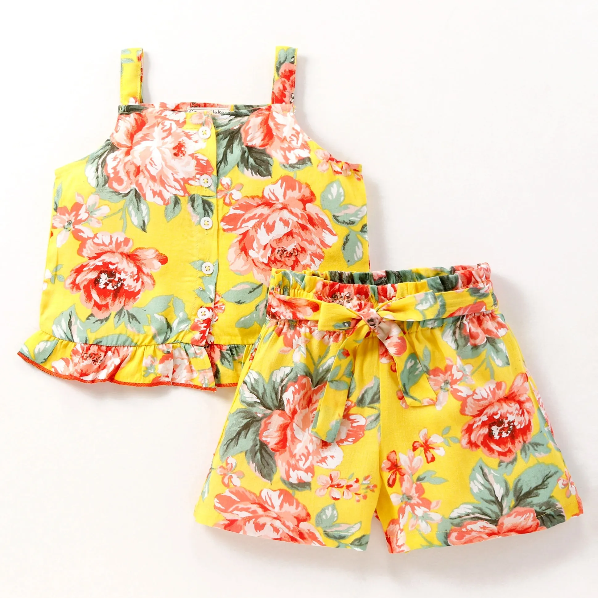 Floral Printed Straped Top Belted Short Set