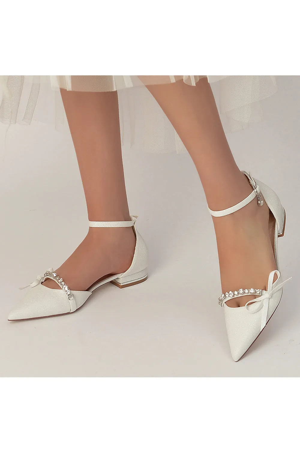 Glitter Pointed Toe Low Heels Wedding Shoes with Bow