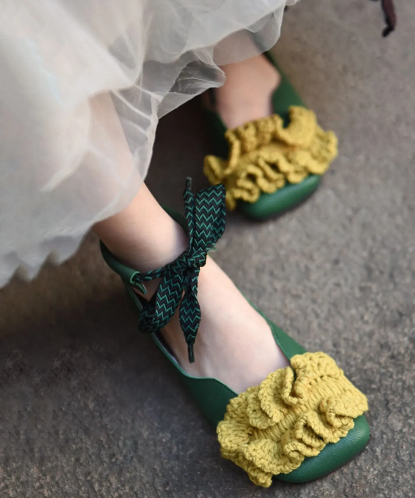 Green Knit Splicing Genuine Leather Cross Strap Flats Shoes RT1031