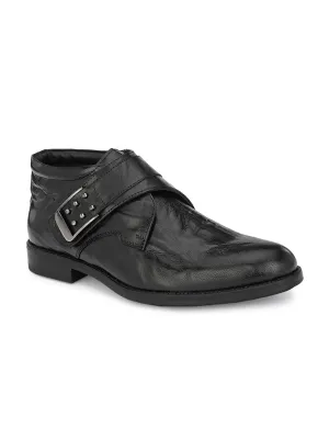 Hitz Men's Black Leather Single Strap Monk Ankle Shoes