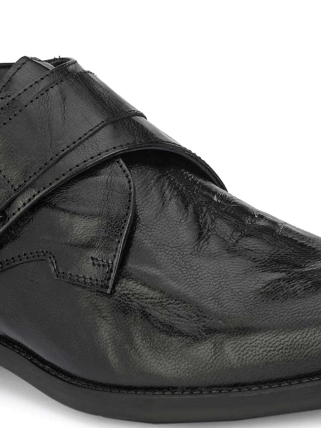 Hitz Men's Black Leather Single Strap Monk Ankle Shoes