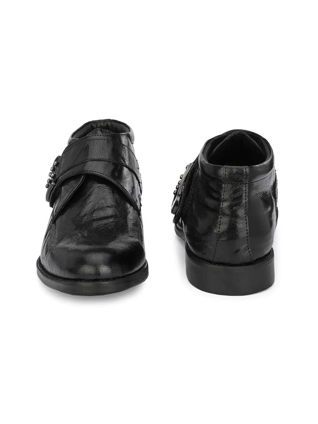 Hitz Men's Black Leather Single Strap Monk Ankle Shoes