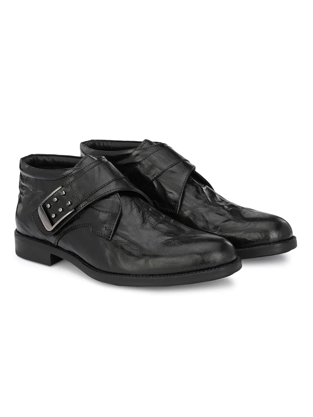 Hitz Men's Black Leather Single Strap Monk Ankle Shoes