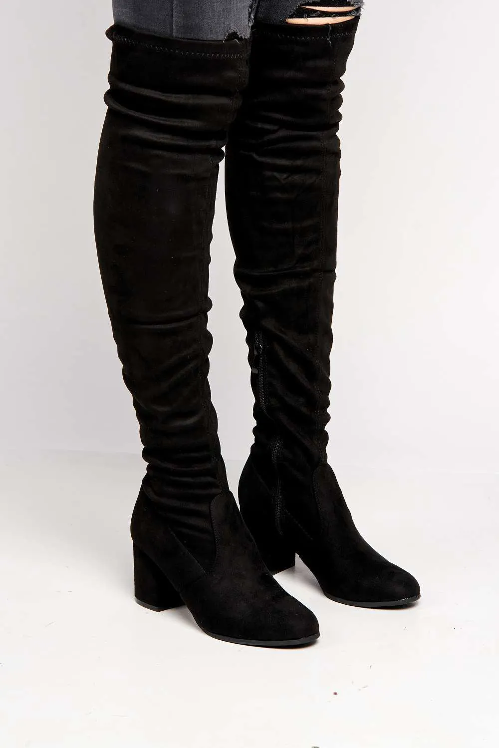 Jayda Over The Knee Block Heel Boots in Black