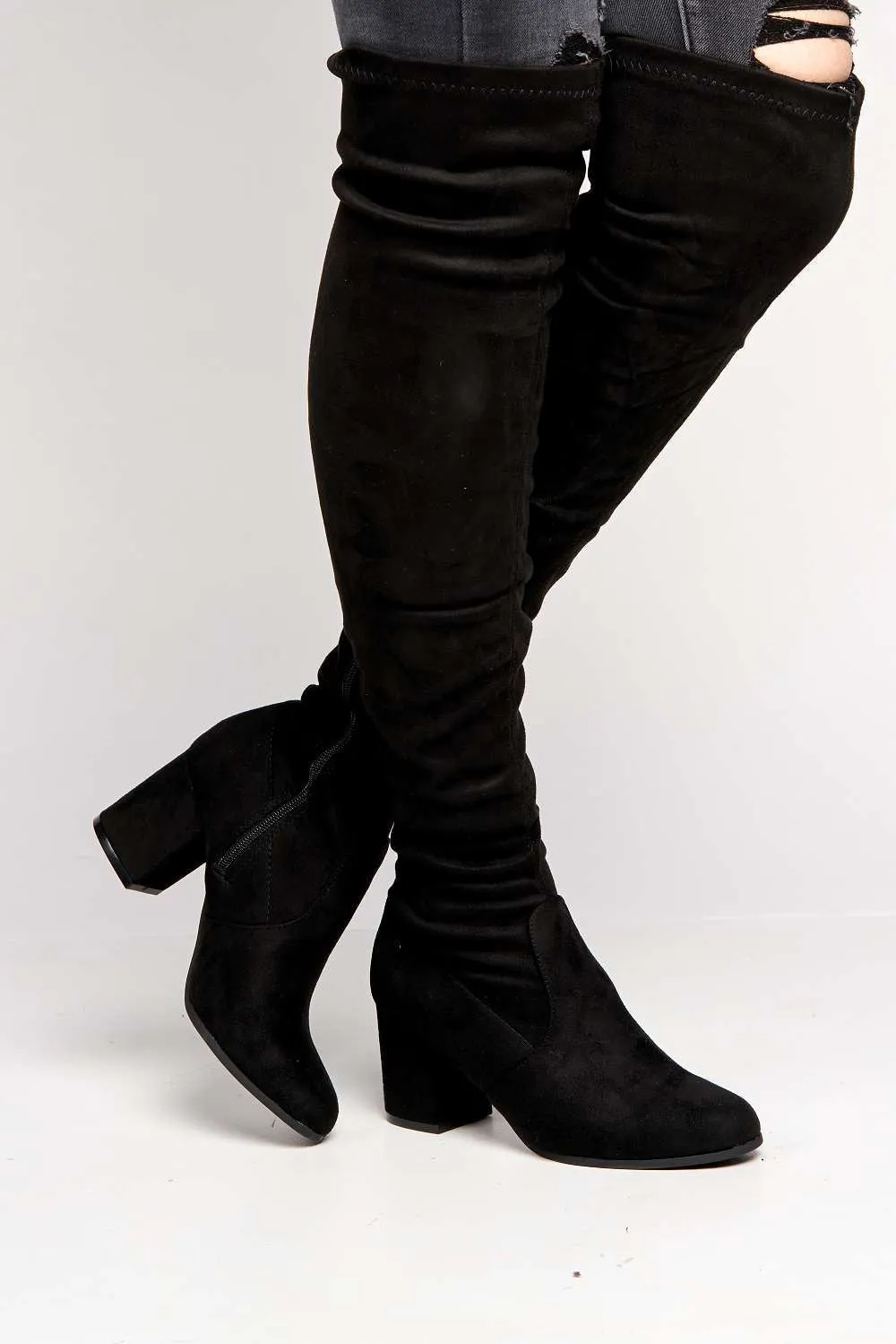 Jayda Over The Knee Block Heel Boots in Black